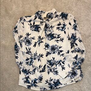 White House Black Market White Blouse with Blue Floral Print